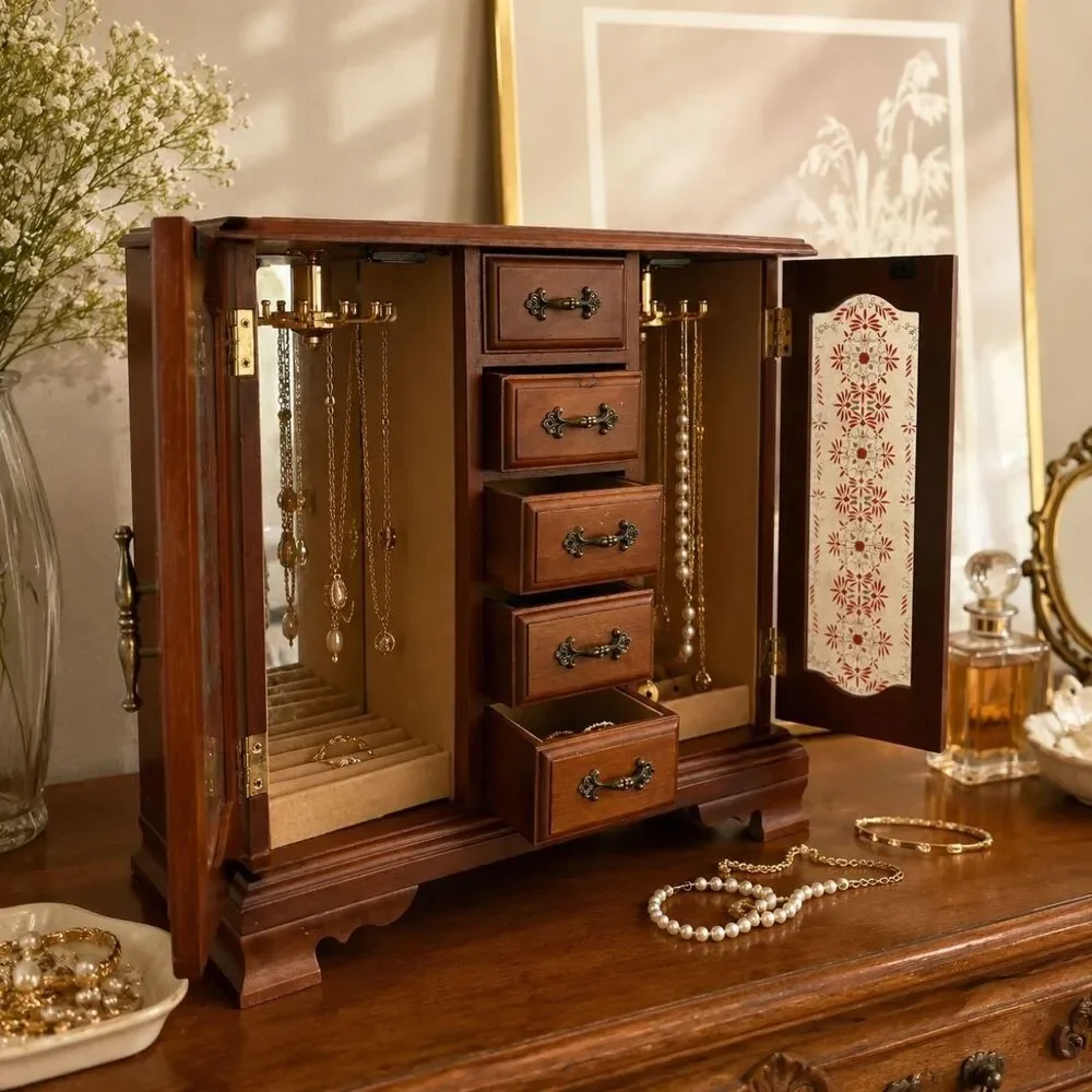 Vintage Taiwanese Wooden Jewelry Armoire Box Mirrored Doors 5 Drawer Jewelry Box